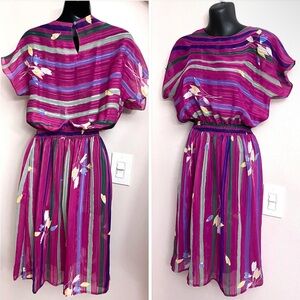 I. MAGNIN Vintage 1970s 70s Sheer Pink Purple Green Striped Floral Dress Size 8